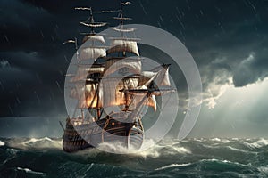 pirate ship sailing on stormy sea, with lightning and thunder in the background