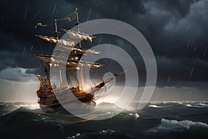 pirate ship sailing on stormy sea, with lightning and thunder in the background