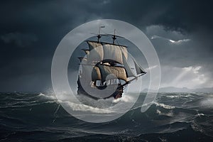 pirate ship sailing on stormy sea, with waves crashing against the hull