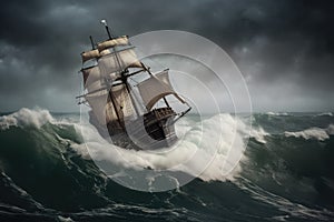 pirate ship sailing on stormy sea, with waves crashing against the hull