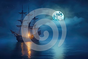 pirate ship sailing under a full moon with ghostly aura