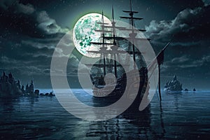 pirate ship sailing under a full moon with ghostly aura