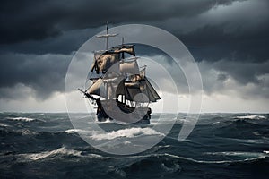 pirate ship, sails billowing in the wind, leaving behind a stormy sea