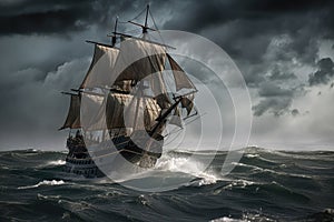 pirate ship, sails billowing in the wind, leaving behind a stormy sea