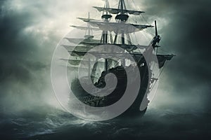 A pirate ship sails fearlessly in the middle of the vast ocean as wind and waves propel it forward, Mysterious phantom ship