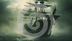 A pirate ship sails fearlessly in the middle of the vast ocean as wind and waves propel it forward, Mysterious phantom ship