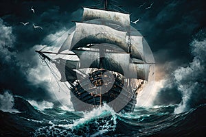 A pirate ship with sails in a stormy sea