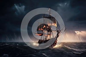 the pirate ship sails on the stormy sea, with lightning and thunder in the background