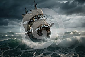 pirate ship sails through stormy sea, with waves crashing against the hull