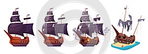 Pirate ship after sea battle, stages of damage history set for wooden corsair caravel