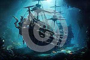 Pirate ship in the sea. Fantasy landscape. 3D rendering, AI Generated