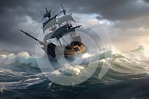 pirate ship sinking in stormy sea, with waves crashing against the hull