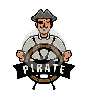 Pirate with ship steering wheel. Vector illustration