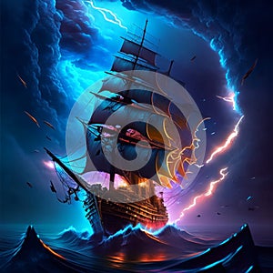 Pirate ship in stormy sea. 3d rendering, illustration. generative AI