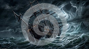 Pirate ship in stormy sea, illustration