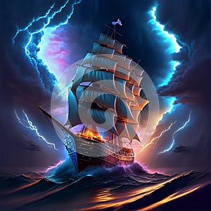 Pirate ship in stormy sea with lightning. 3d rendering AI generated