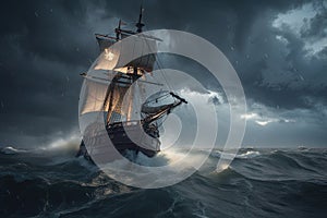 pirate ship in stormy sea, with lightning flashes and waves crashing against the sides