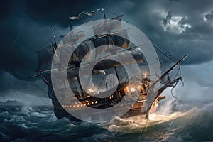 pirate ship on stormy sea, with lightning and thunder in the background