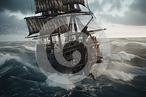 pirate ship on stormy sea, waves crashing against the deck