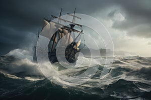 pirate ship on stormy sea, waves crashing against the hull