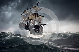 pirate ship in stormy sea, with waves crashing against the hull