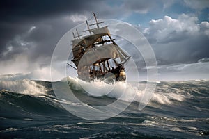 pirate ship on stormy sea, with waves crashing against the hull