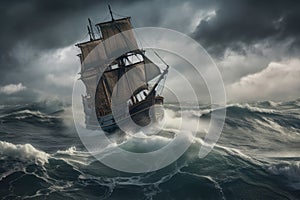 pirate ship on stormy sea, waves crashing against the hull