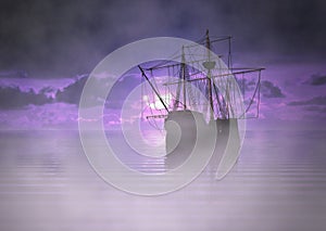 Pirate Ship at Sunrise with Fog