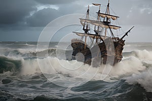 pirate ship surrounded by stormy sea, with waves crashing against the hull