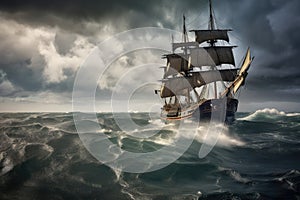 pirate ship, with treasure and spyglass visible, sailing on stormy sea