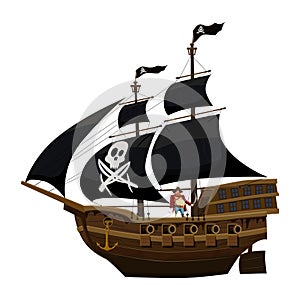 Pirate ship under black sail, wooden old sailboat with captain. Buccaneer filibuster corsair with black flag skull