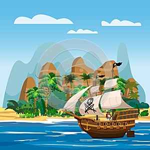 Pirate ship under sail in ocean, Island Treasure tropical, palms, mountains. Sea landscape, adventure, game. Vector