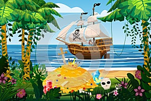 Pirate ship under sail in ocean. Tropical Island, treasure gold pile, tropical, palms, floral, plants. Sea landscape