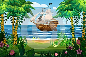 Pirate ship under sail in ocean. Tropical Island, tropical, palms, floral, plants. Sea landscape coast, beach, sand