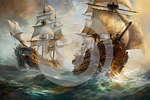 Pirate ships battle storm. Generate Ai