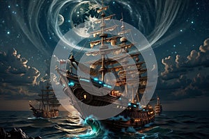 Pirate ships on the high seas on a full moon night and starry sky