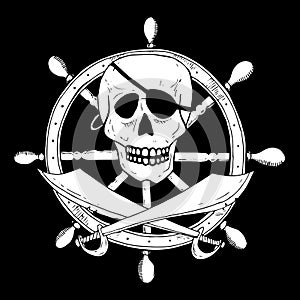 Pirate sign with skull and sabers with a helm on background