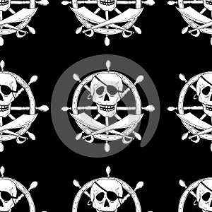Pirate sign with skull and sabers with a helm on background. Sea