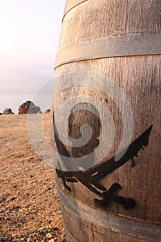 Pirate sign on a wooden barrel photo