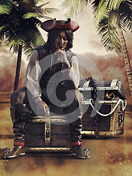 Pirate sitting on a treasure chest