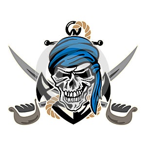 Pirate Skull with Anchor, Rope and Crossed Swords Isolated Vector Illustration