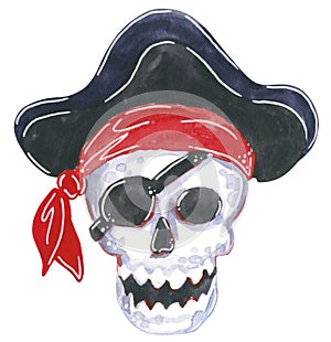 Pirate skull in a black cocked hat and red handkerchief, hand drawn watercolor