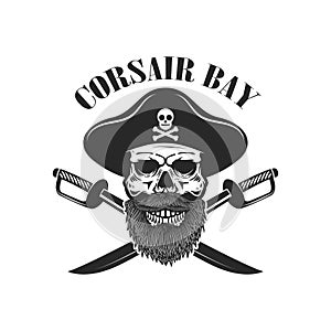 Pirate skull with crossed sabers. Design elements for logo, label, sign, menu