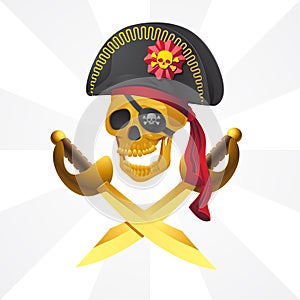 Pirate skull in red bandana and cocked hat with sabers criss-cross on isolated background. Vector image