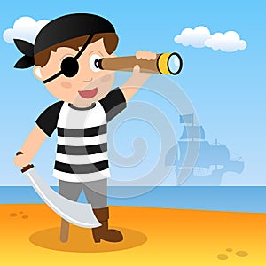 Pirate with Spyglass on a Beach