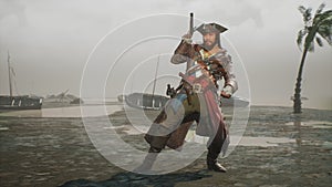 A pirate stands on a deserted ocean shore and fires his formidable pistol. The man was created using 3D computer