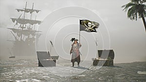 A pirate stands next to a pirate flag and treasure chests on island. The man was created using 3D computer graphics. 3D