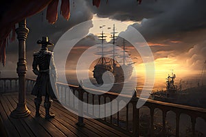 Pirate stands in port overlooking old sailing ships in sea at sunset, generative AI