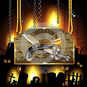 Pirate sword and gun over wood banner