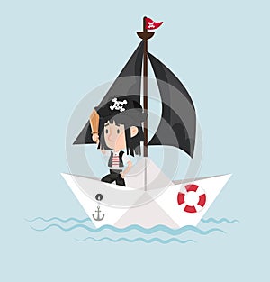 Pirate with sword standing on paper boat